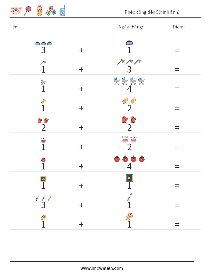 Phép cộng đến 5(hình ảnh) Bảng tính toán học 17