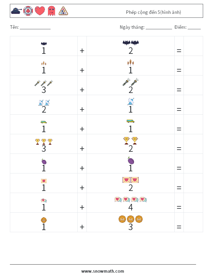 Phép cộng đến 5(hình ảnh) Bảng tính toán học 2