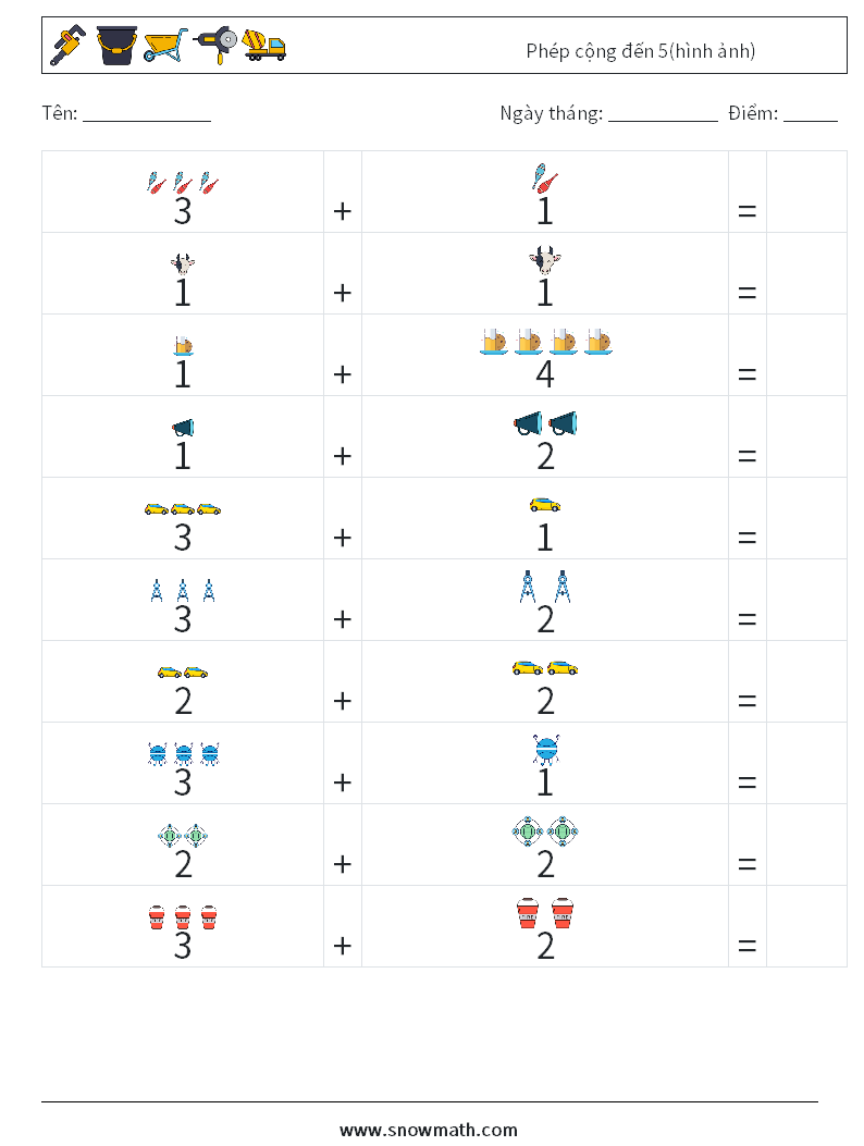 Phép cộng đến 5(hình ảnh) Bảng tính toán học 5