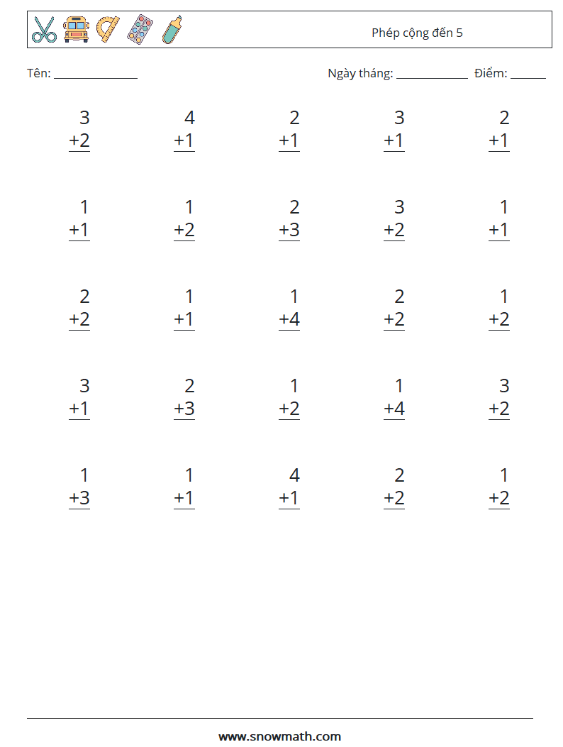 (25) Phép cộng đến 5 Bảng tính toán học 2