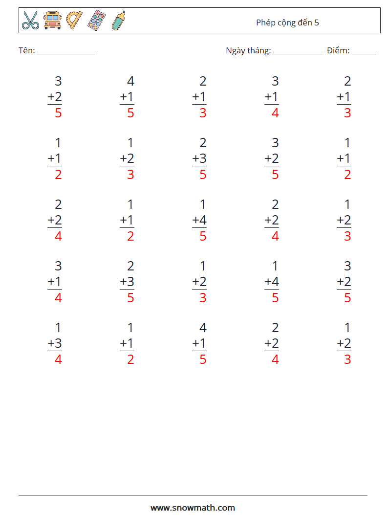 (25) Phép cộng đến 5 Bảng tính toán học 2 Câu hỏi, câu trả lời
