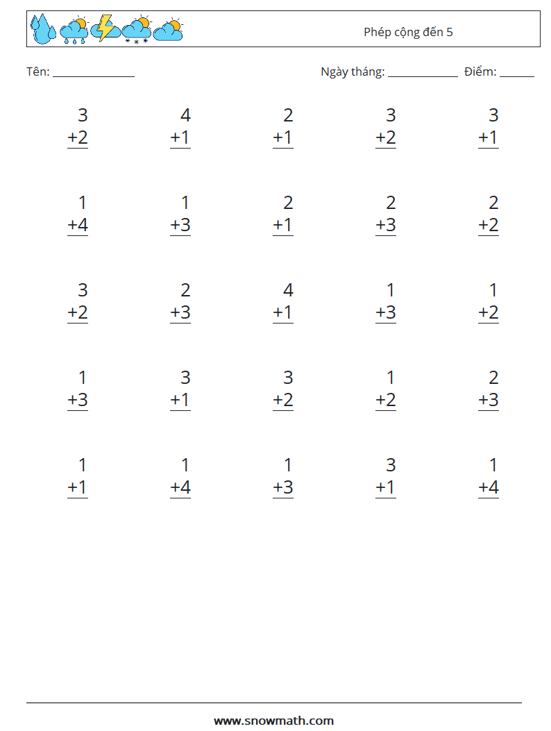 (25) Phép cộng đến 5 Bảng tính toán học 3