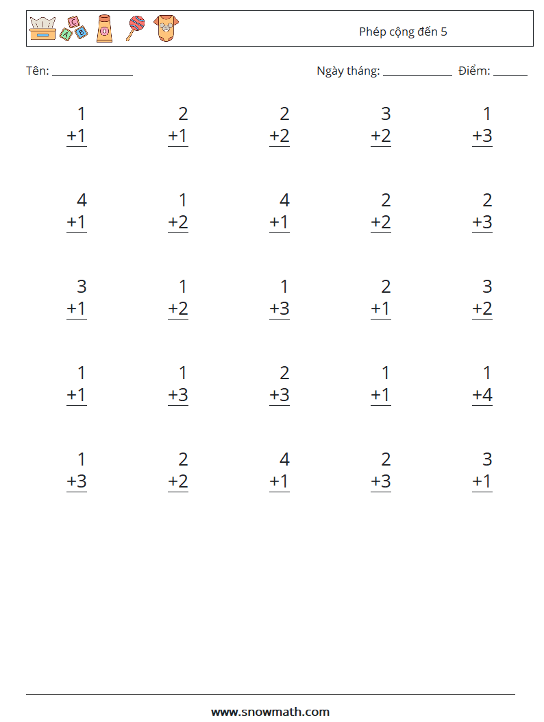 (25) Phép cộng đến 5 Bảng tính toán học 4