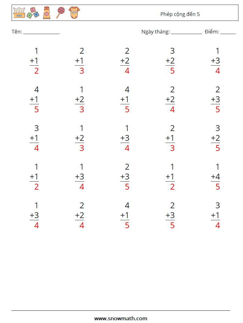 (25) Phép cộng đến 5 Bảng tính toán học 4 Câu hỏi, câu trả lời
