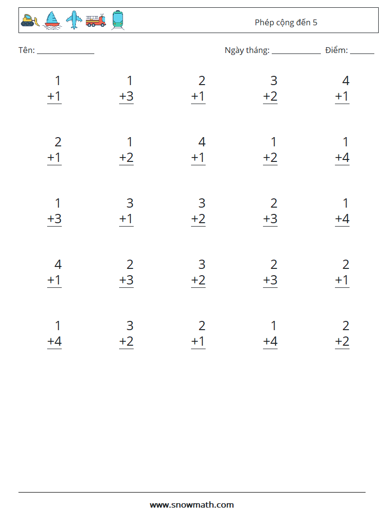 (25) Phép cộng đến 5 Bảng tính toán học 8