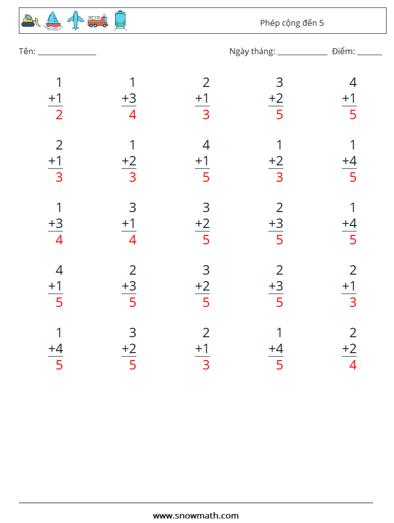 (25) Phép cộng đến 5 Bảng tính toán học 8 Câu hỏi, câu trả lời