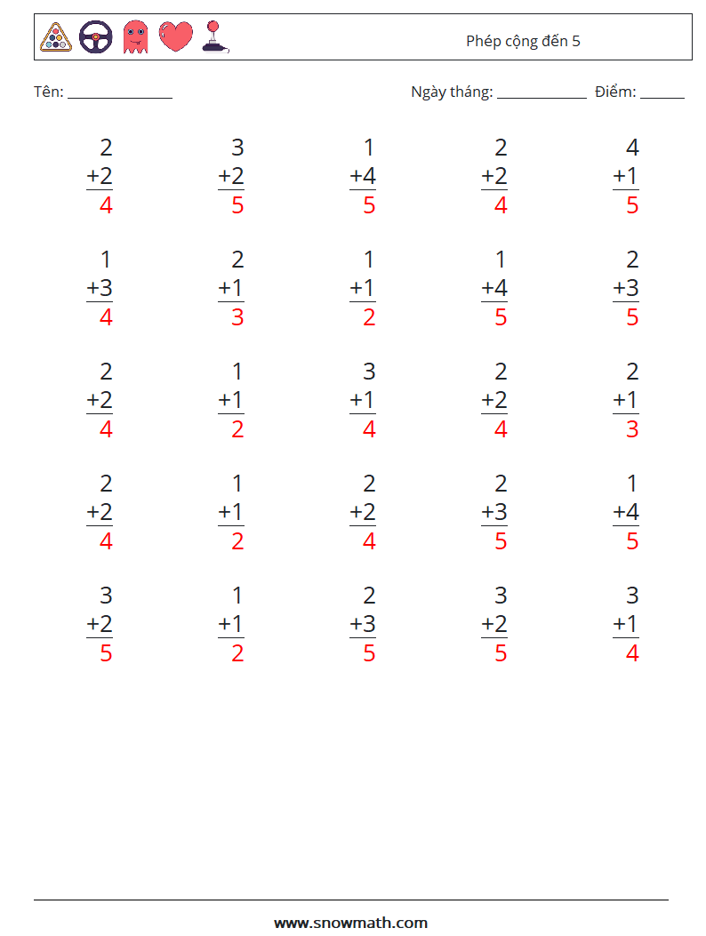 (25) Phép cộng đến 5 Bảng tính toán học 9 Câu hỏi, câu trả lời