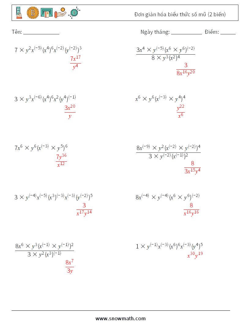  Đơn giản hóa biểu thức số mũ (2 biến) Bảng tính toán học 1 Câu hỏi, câu trả lời