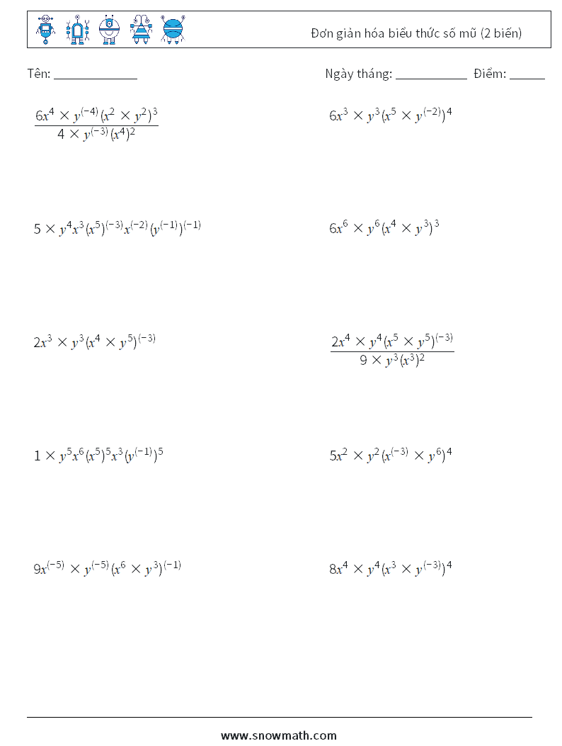  Đơn giản hóa biểu thức số mũ (2 biến) Bảng tính toán học 2