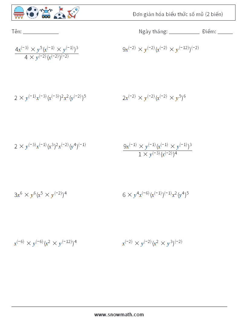  Đơn giản hóa biểu thức số mũ (2 biến) Bảng tính toán học 3