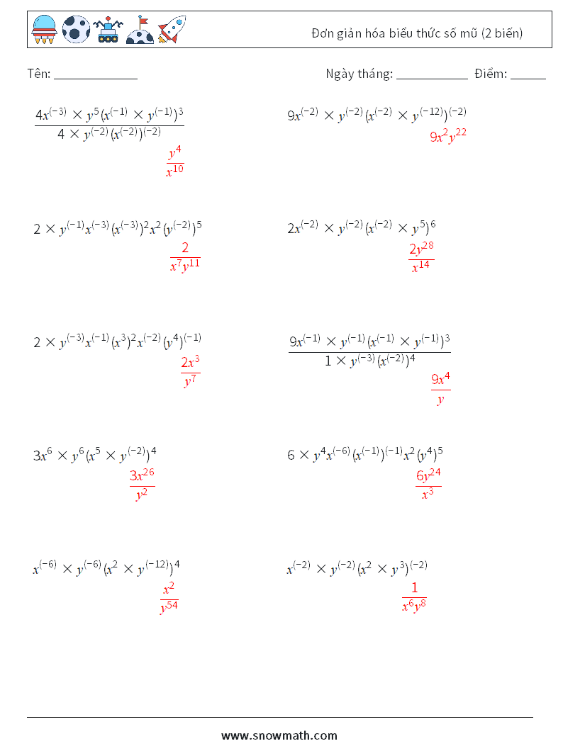  Đơn giản hóa biểu thức số mũ (2 biến) Bảng tính toán học 3 Câu hỏi, câu trả lời
