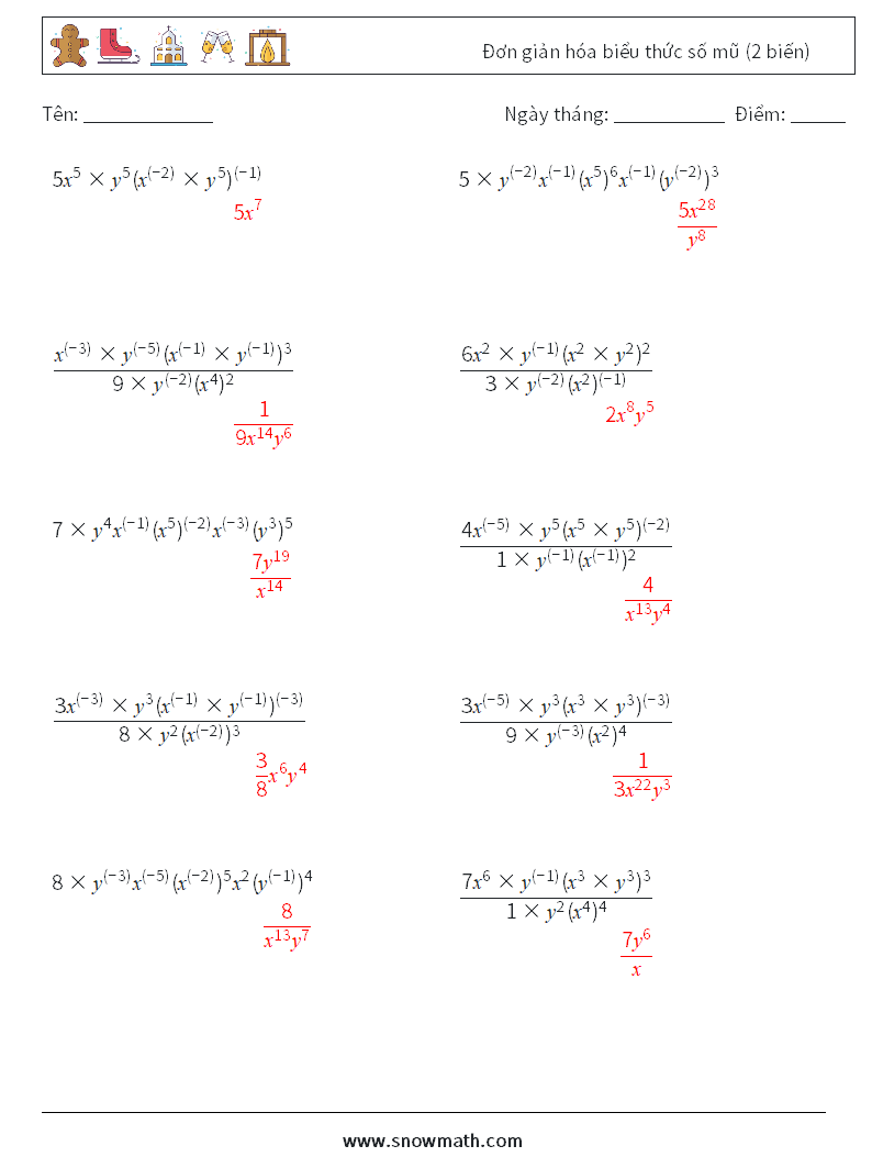  Đơn giản hóa biểu thức số mũ (2 biến) Bảng tính toán học 4 Câu hỏi, câu trả lời