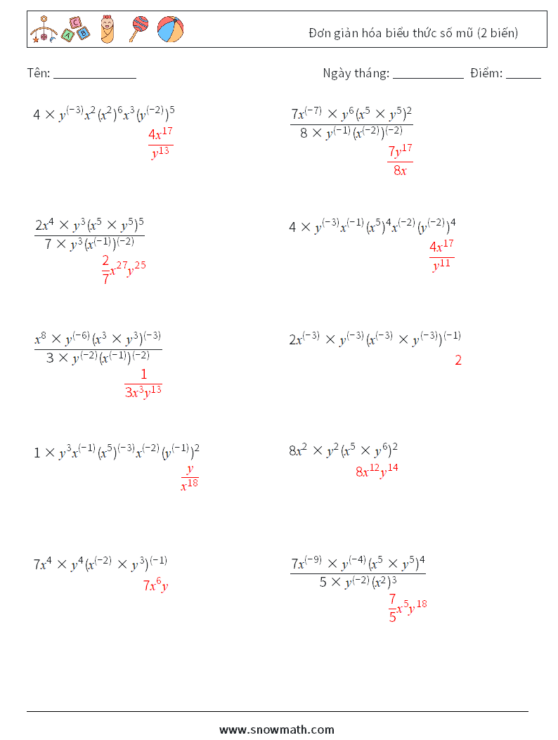  Đơn giản hóa biểu thức số mũ (2 biến) Bảng tính toán học 5 Câu hỏi, câu trả lời