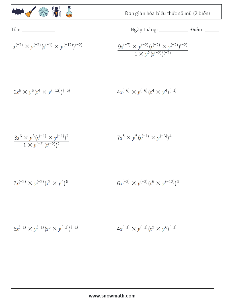  Đơn giản hóa biểu thức số mũ (2 biến) Bảng tính toán học 6