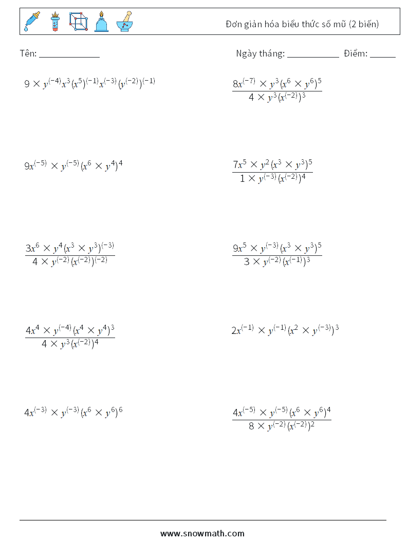  Đơn giản hóa biểu thức số mũ (2 biến) Bảng tính toán học 7
