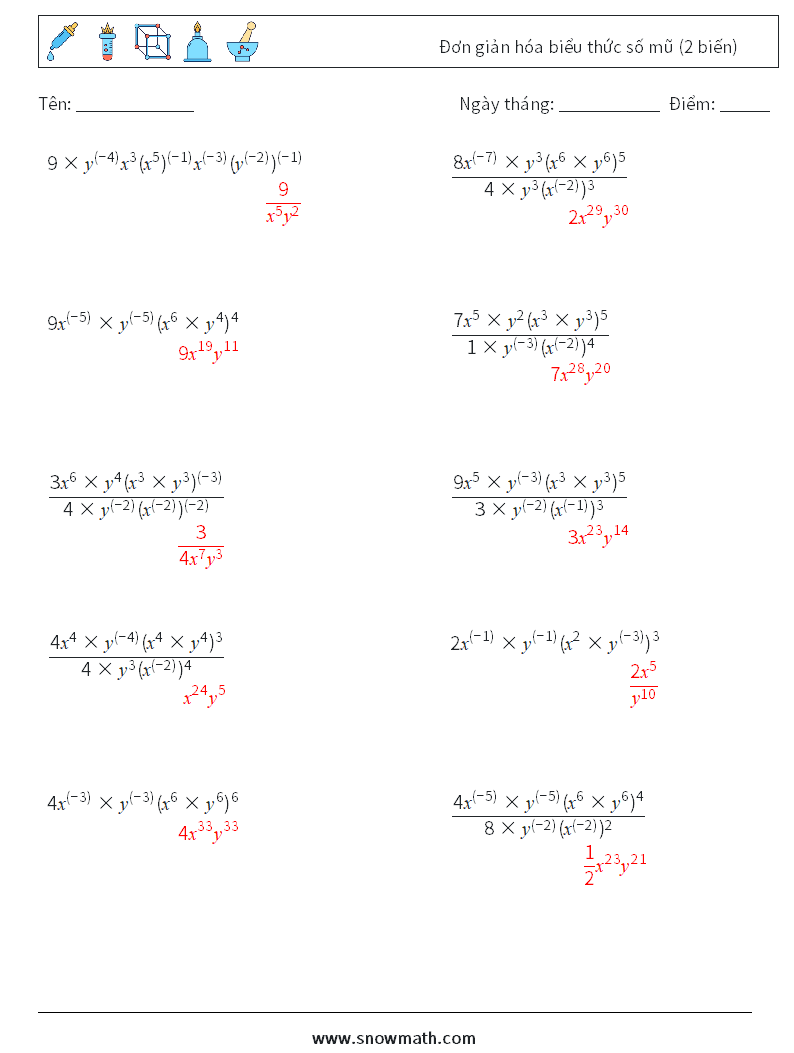  Đơn giản hóa biểu thức số mũ (2 biến) Bảng tính toán học 7 Câu hỏi, câu trả lời
