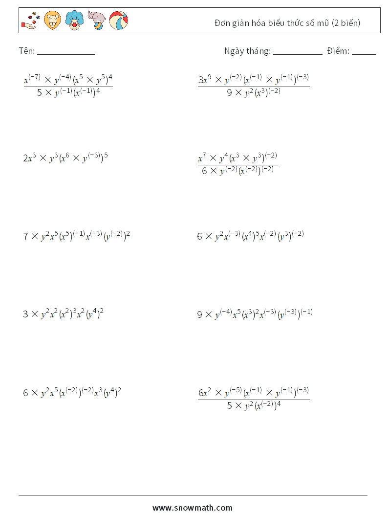  Đơn giản hóa biểu thức số mũ (2 biến) Bảng tính toán học 8