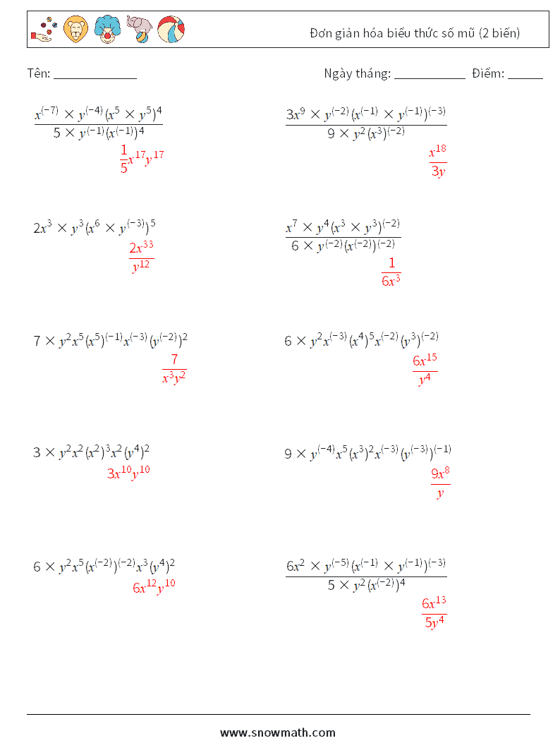  Đơn giản hóa biểu thức số mũ (2 biến) Bảng tính toán học 8 Câu hỏi, câu trả lời
