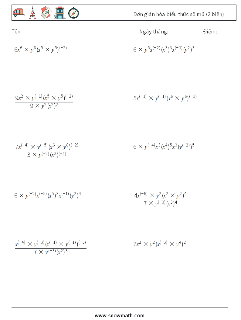  Đơn giản hóa biểu thức số mũ (2 biến) Bảng tính toán học 9