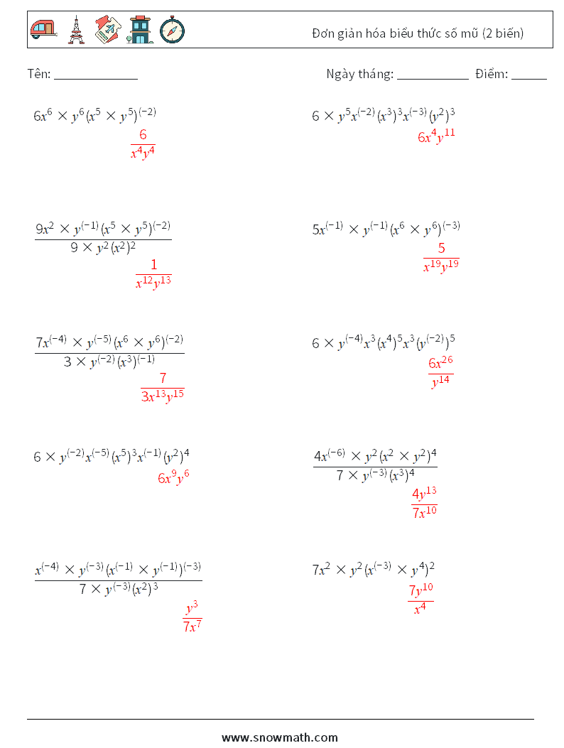  Đơn giản hóa biểu thức số mũ (2 biến) Bảng tính toán học 9 Câu hỏi, câu trả lời