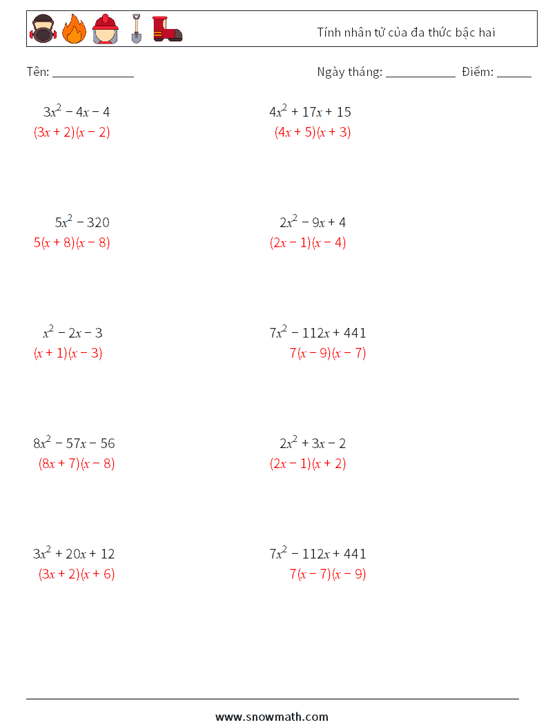 Tính nhân tử của đa thức bậc hai Bảng tính toán học 6 Câu hỏi, câu trả lời