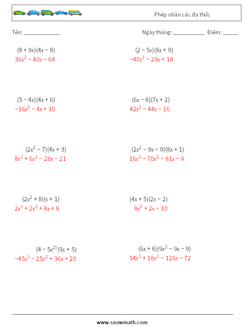 Phép nhân các đa thức Bảng tính toán học 5 Câu hỏi, câu trả lời