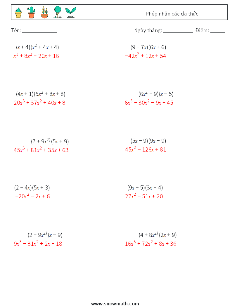 Phép nhân các đa thức Bảng tính toán học 8 Câu hỏi, câu trả lời
