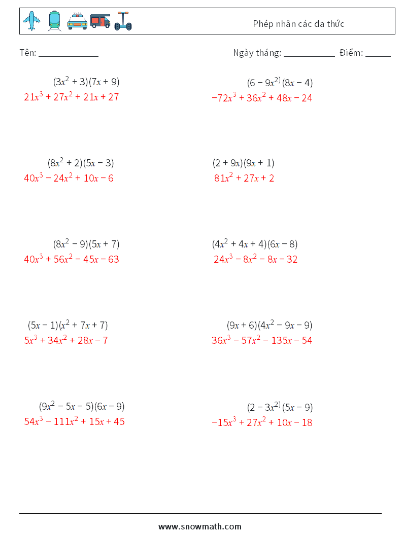 Phép nhân các đa thức Bảng tính toán học 9 Câu hỏi, câu trả lời