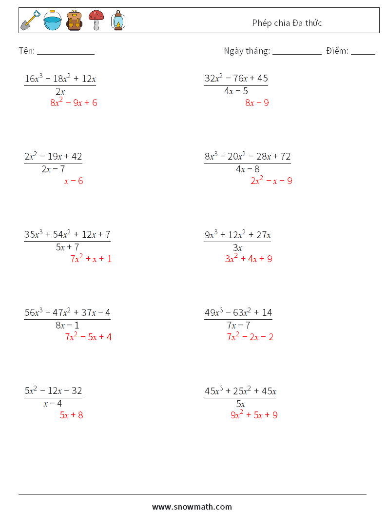 Phép chia Đa thức Bảng tính toán học 3 Câu hỏi, câu trả lời