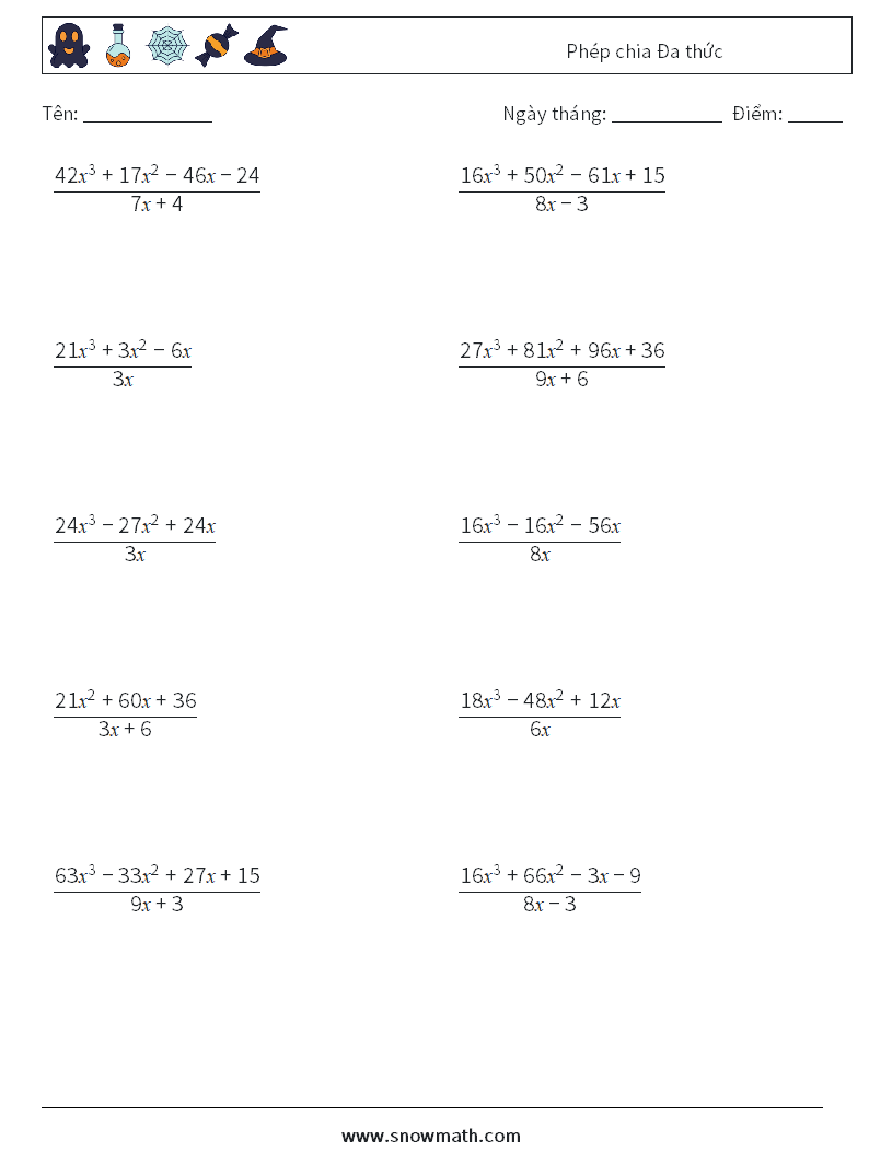 Phép chia Đa thức Bảng tính toán học 7