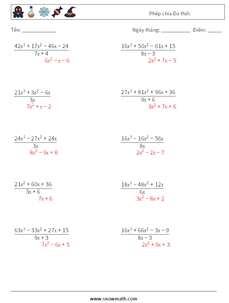 Phép chia Đa thức Bảng tính toán học 7 Câu hỏi, câu trả lời