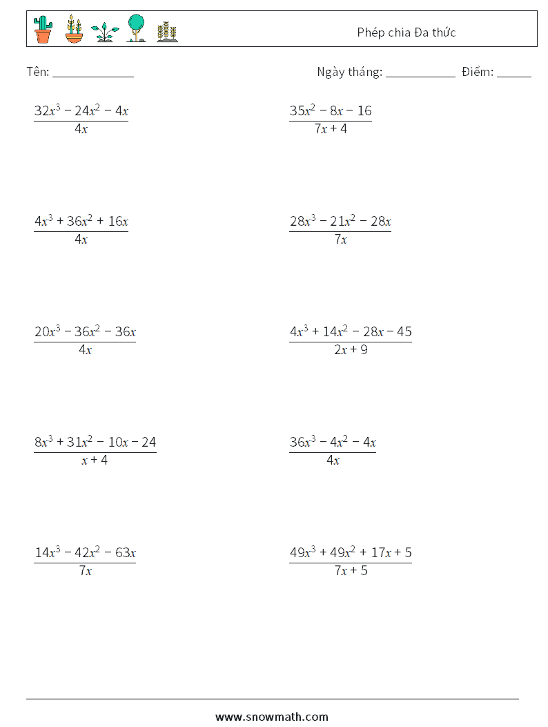 Phép chia Đa thức Bảng tính toán học 9