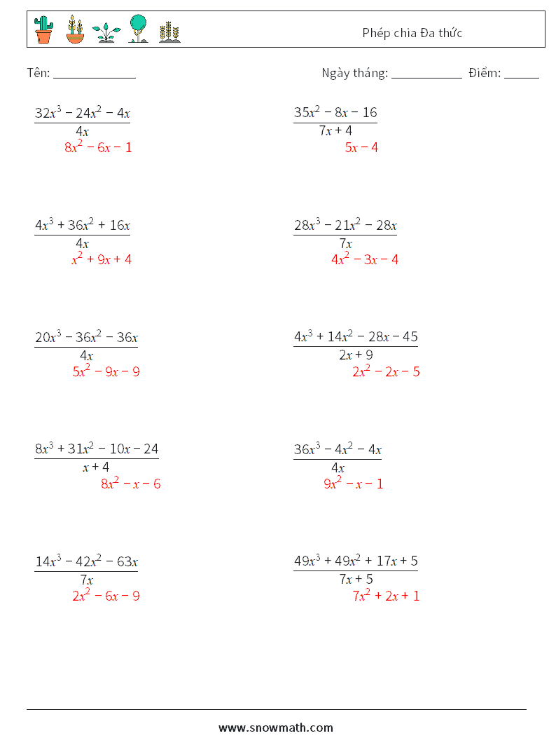 Phép chia Đa thức Bảng tính toán học 9 Câu hỏi, câu trả lời