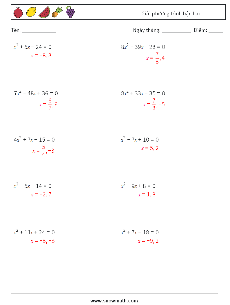 Giải phương trình bậc hai Bảng tính toán học 2 Câu hỏi, câu trả lời