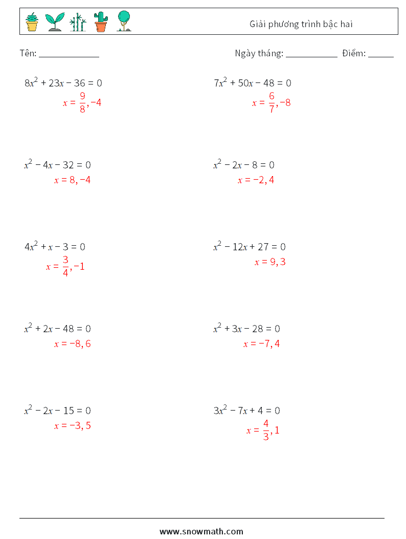 Giải phương trình bậc hai Bảng tính toán học 3 Câu hỏi, câu trả lời