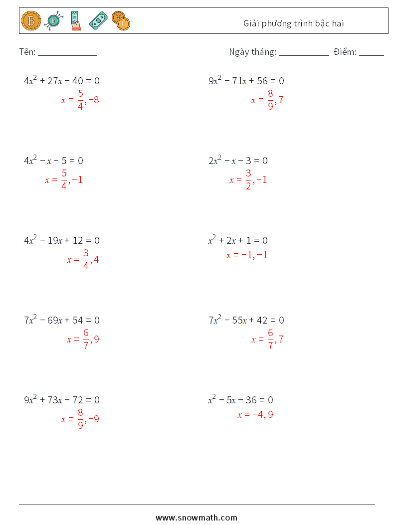 Giải phương trình bậc hai Bảng tính toán học 6 Câu hỏi, câu trả lời