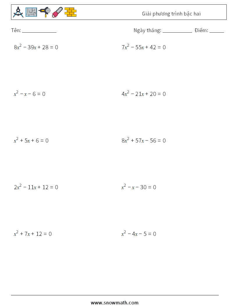 Giải phương trình bậc hai Bảng tính toán học 7