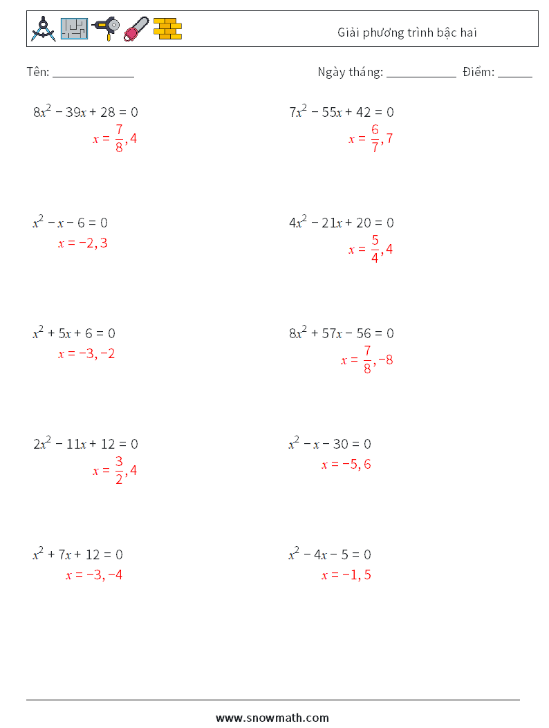 Giải phương trình bậc hai Bảng tính toán học 7 Câu hỏi, câu trả lời