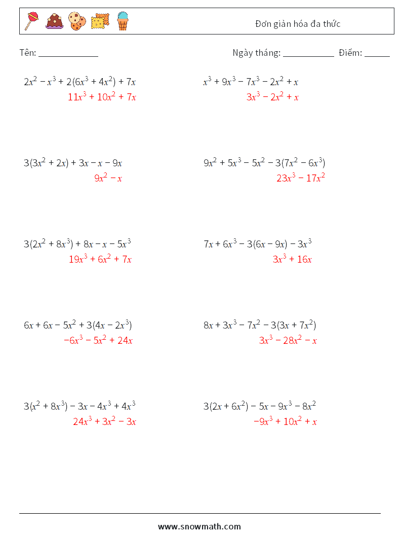 Đơn giản hóa đa thức Bảng tính toán học 2 Câu hỏi, câu trả lời