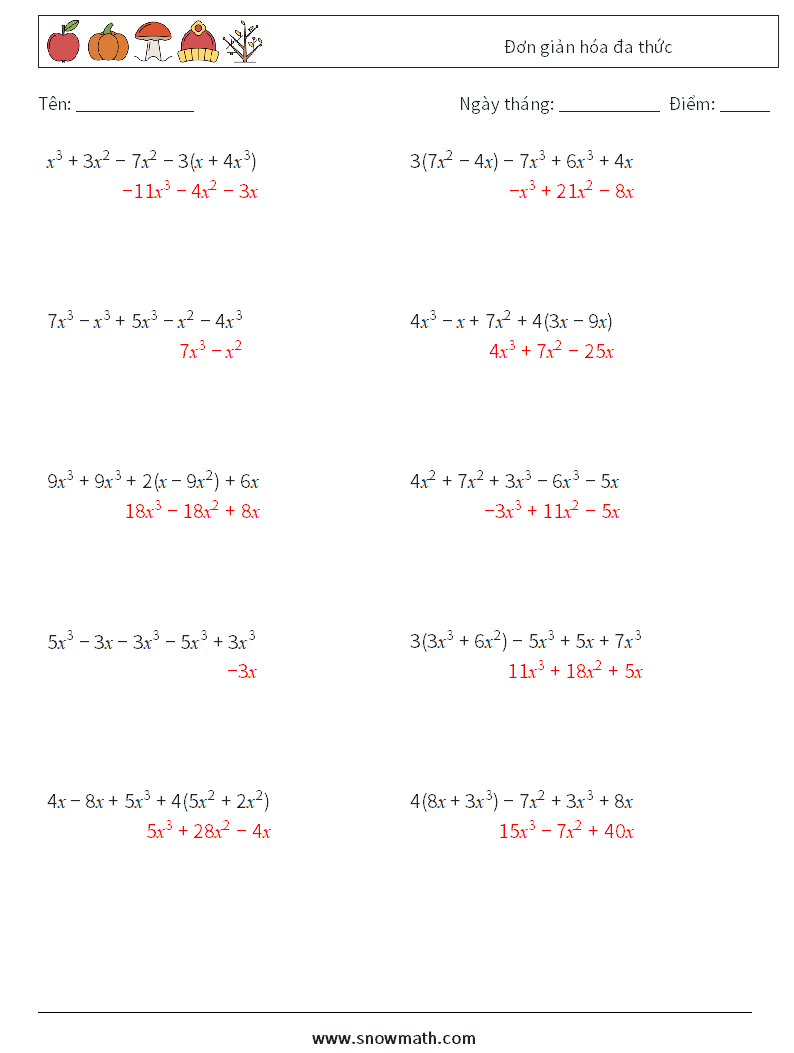 Đơn giản hóa đa thức Bảng tính toán học 3 Câu hỏi, câu trả lời
