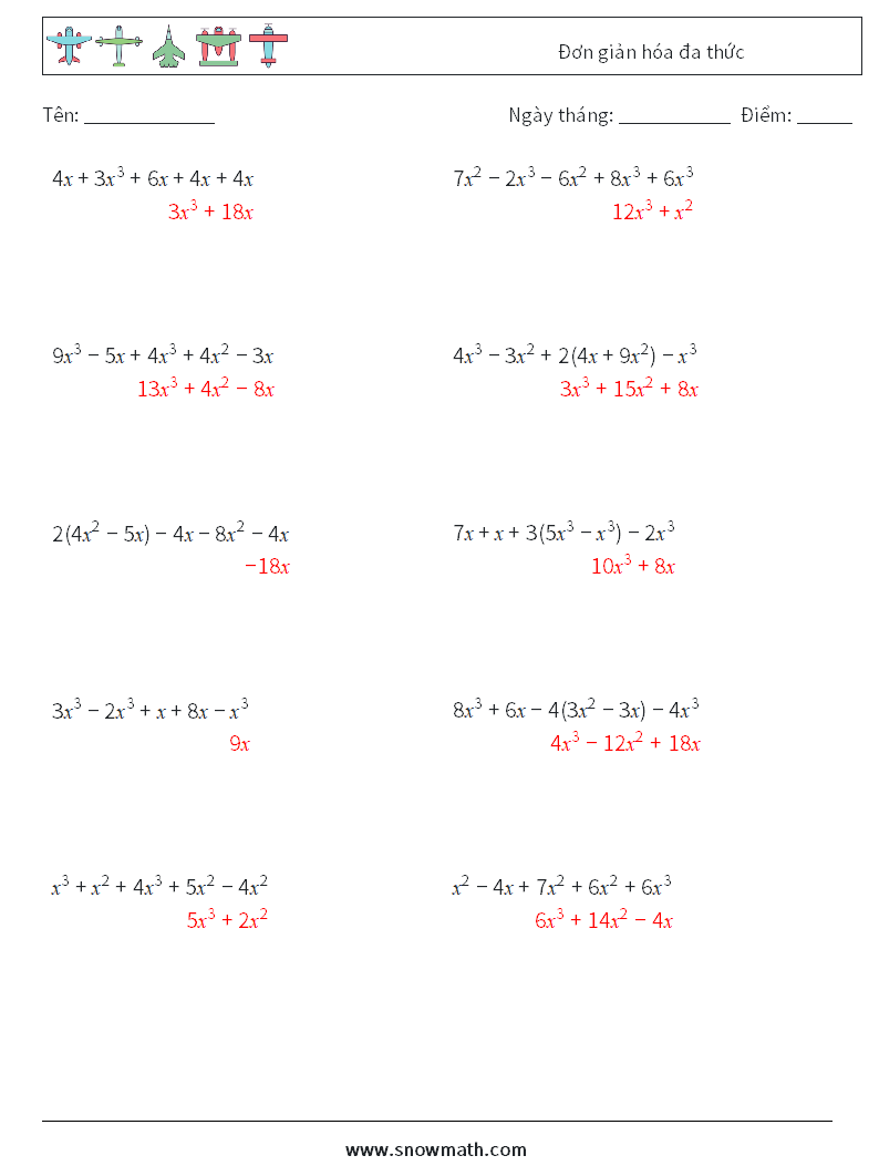 Đơn giản hóa đa thức Bảng tính toán học 5 Câu hỏi, câu trả lời