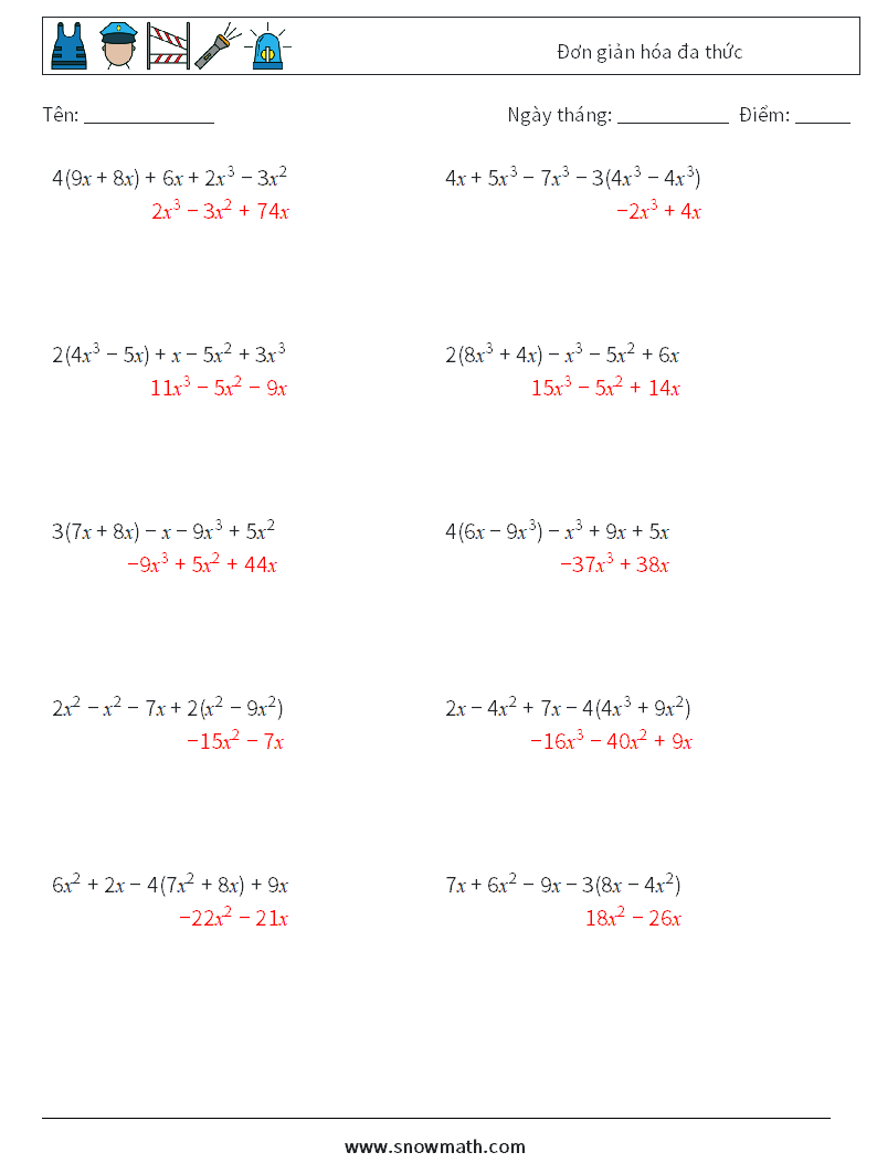 Đơn giản hóa đa thức Bảng tính toán học 6 Câu hỏi, câu trả lời