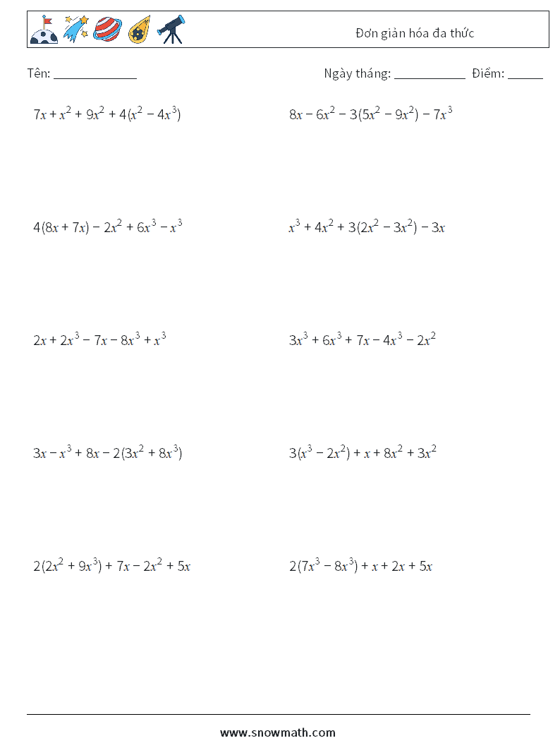 Đơn giản hóa đa thức Bảng tính toán học 8