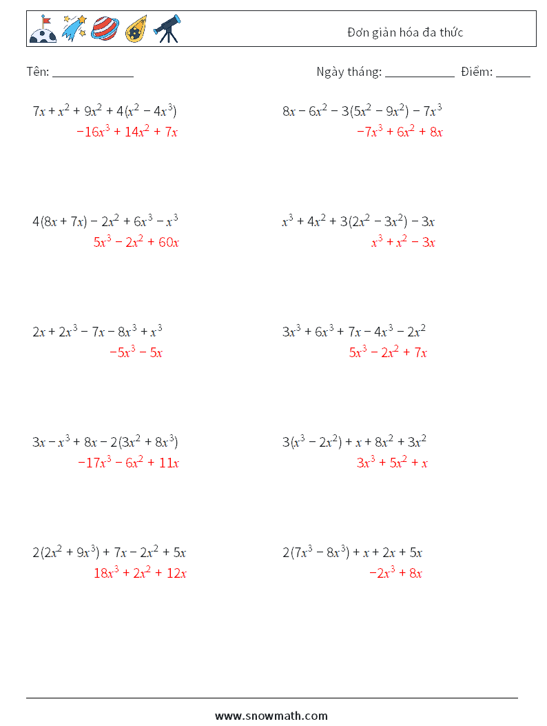 Đơn giản hóa đa thức Bảng tính toán học 8 Câu hỏi, câu trả lời