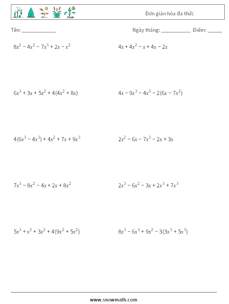 Đơn giản hóa đa thức Bảng tính toán học 9