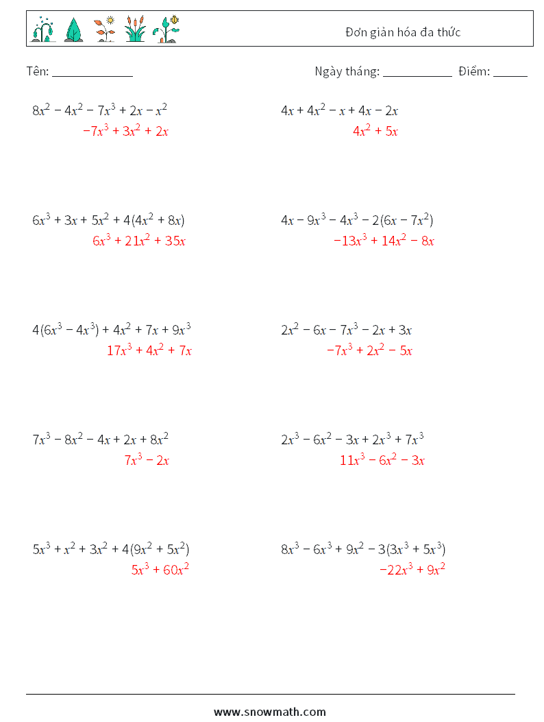 Đơn giản hóa đa thức Bảng tính toán học 9 Câu hỏi, câu trả lời