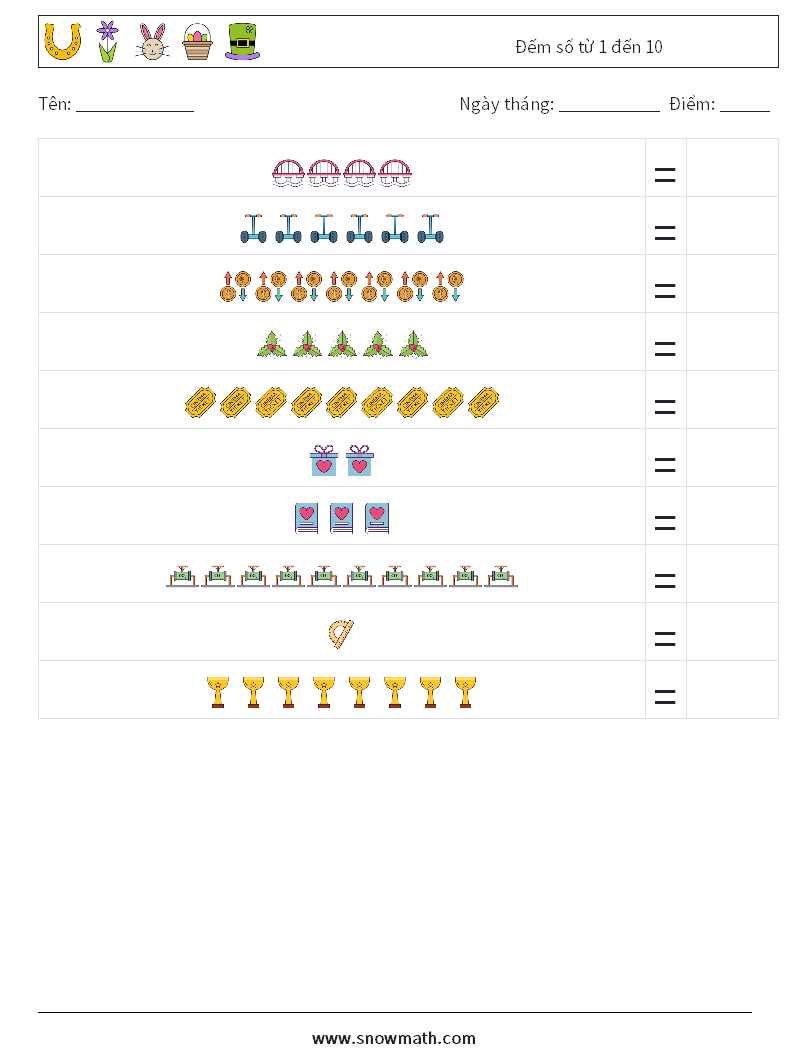 Đếm số từ 1 đến 10 Bảng tính toán học 5