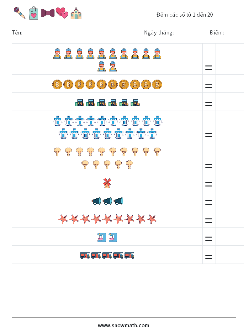 Đếm các số từ 1 đến 20 Bảng tính toán học 13