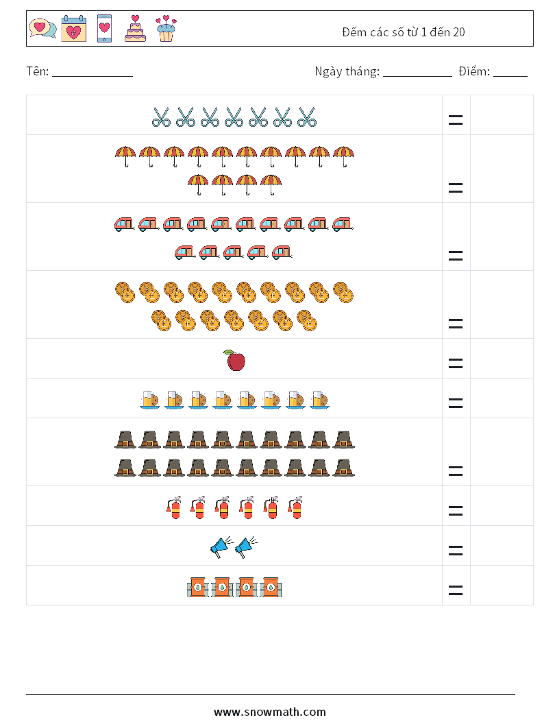 Đếm các số từ 1 đến 20 Bảng tính toán học 14