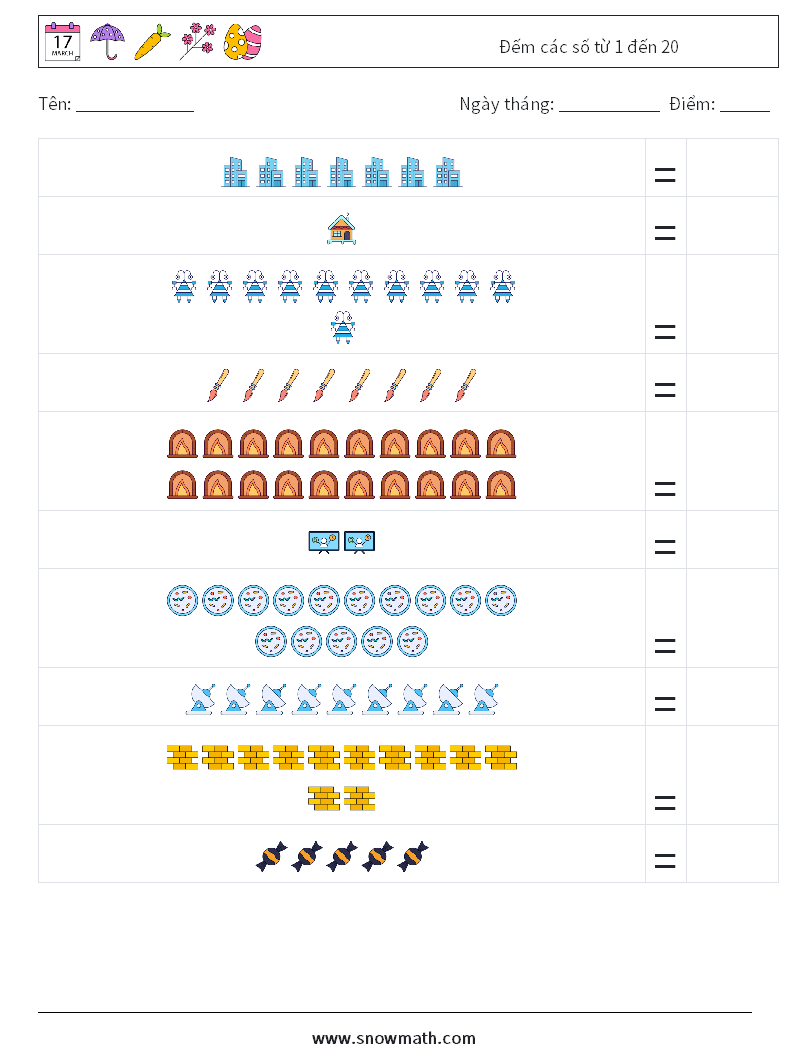 Đếm các số từ 1 đến 20 Bảng tính toán học 17